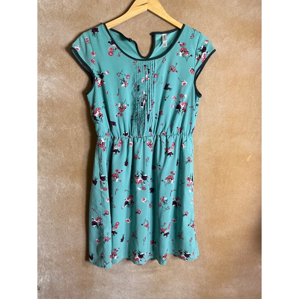 Xhilaration‎ Teal Floral Print Cap Sleeve Elastic Waist Dress Womens Large